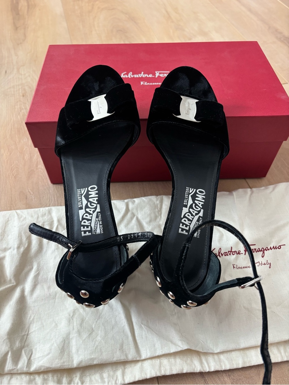Salvatore Ferragamo Black Velvet Open-Toe Ankle-Strap Heels with Logo Accent